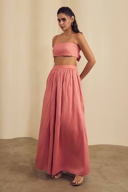 Buy_Label Frow_Pink Cotton Satin Square Neck Gathered Flared Maxi Skirt Set_Online_at_Aza_Fashions