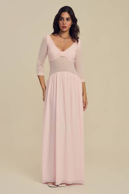 Label Frow Pink Lycra, Net Sweetheart Neck Romance Maxi Dress 