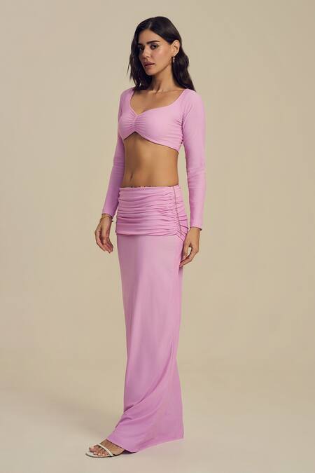 Label Frow_Pink Lycra Sweetheart Neck Ruching Maxi Skirt Set_Online_at_Aza_Fashions
