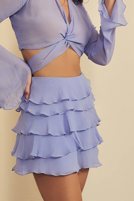 Shop_Label Frow_Purple Georgette V-neck Bali Mini Skirt Set_Online_at_Aza_Fashions