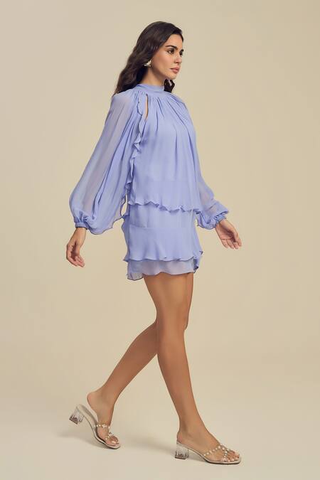 Label Frow_Purple Georgette Fringe High Neck Frill Sleeve Mini Dress_Online_at_Aza_Fashions