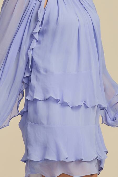 Buy_Label Frow_Purple Georgette Fringe High Neck Frill Sleeve Mini Dress_Online_at_Aza_Fashions