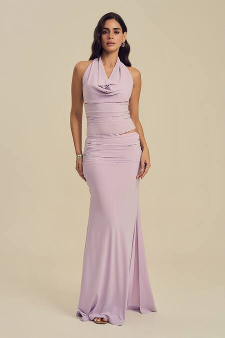 Label Frow_Lavender Lycra Halter Neck Miley Maxi Skirt Set_Online_at_Aza_Fashions