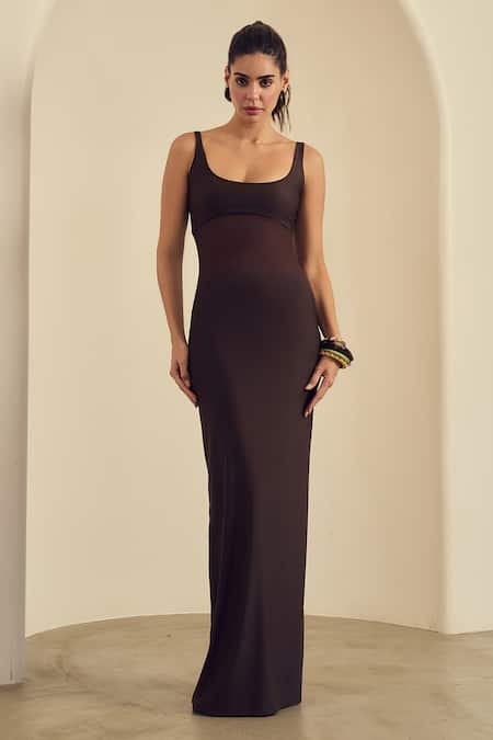 Label Frow Brown Lycra, Net Scoop Neck Praline Sheer Bodycon Maxi Dress 