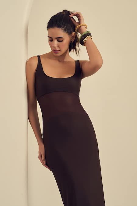 Buy_Label Frow_Brown Lycra, Net Scoop Neck Praline Sheer Bodycon Maxi Dress_Online_at_Aza_Fashions