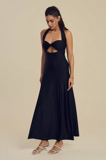 Buy_Label Frow_Black Lycra Halter Neck Raven Dress_Online_at_Aza_Fashions