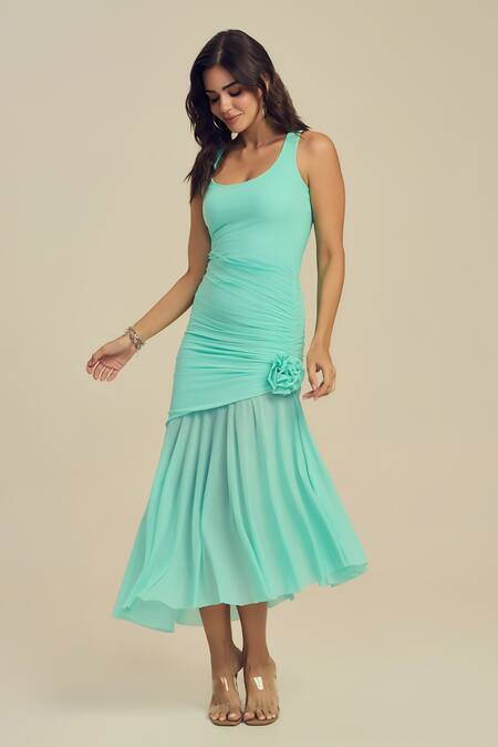 Buy_Label Frow_Green Lycra, Net Fabric Flowers Round Neck Joy Asymmetrical Dress_Online_at_Aza_Fashions