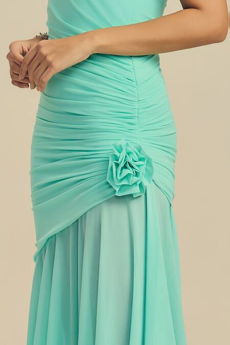 Shop_Label Frow_Green Lycra, Net Fabric Flowers Round Neck Joy Asymmetrical Dress_Online_at_Aza_Fashions