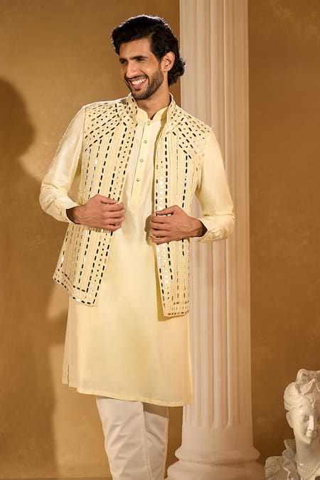 Buy Aariyana Couture Yellow Silk, Cotton Mirrors Light Bundi And Kurta Set Online at Aza Fashions Buy_Aariyana Couture_Yellow Silk, Cotton Mirrors Light Bundi And Kurta Set _Online_at_Aza_Fashions