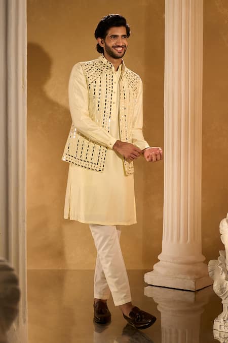 Shop Aariyana Couture Yellow Silk, Cotton Mirrors Light Bundi And Kurta Set Online at Aza Fashions Shop_Aariyana Couture_Yellow Silk, Cotton Mirrors Light Bundi And Kurta Set _Online_at_Aza_Fashions