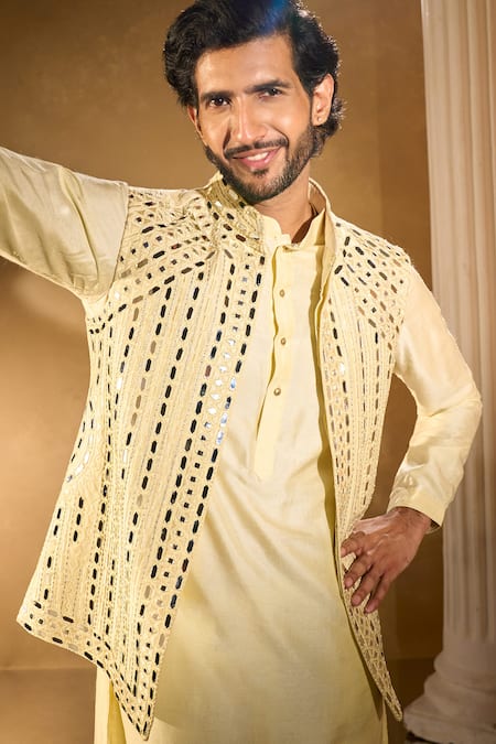 Aariyana Couture Yellow Silk, Cotton Mirrors Light Bundi And Kurta Set at Aza Fashions Aariyana Couture_Yellow Silk, Cotton Mirrors Light Bundi And Kurta Set _at_Aza_Fashions