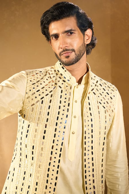 Buy Aariyana Couture Yellow Silk, Cotton Mirrors Light Bundi And Kurta Set Buy_Aariyana Couture_Yellow Silk, Cotton Mirrors Light Bundi And Kurta Set