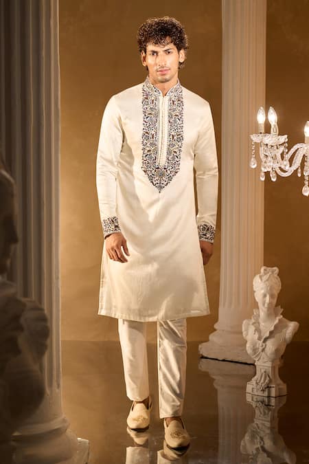 Shop_Aariyana Couture_Cream Silk, Cotton Embroidery Kurta Set _Online_at_Aza_Fashions