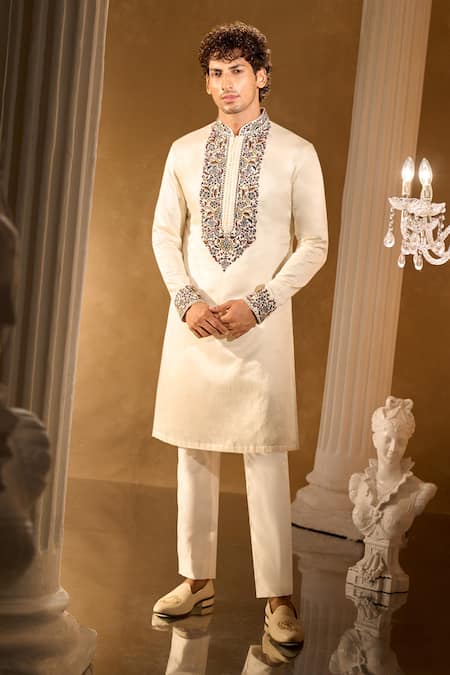 Aariyana Couture_Cream Silk, Cotton Embroidery Kurta Set _at_Aza_Fashions