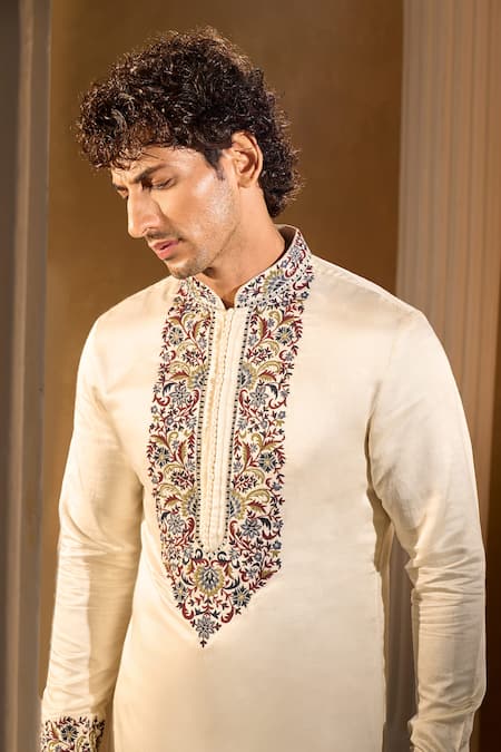 Shop_Aariyana Couture_Cream Silk, Cotton Embroidery Kurta Set 