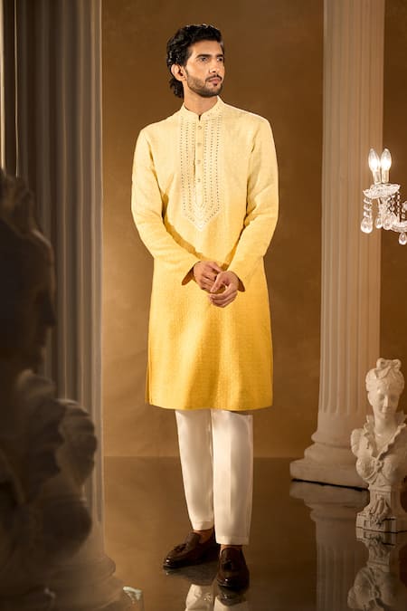 Aariyana Couture Yellow Silk, Cotton Embroidery Kurta Set at Aza Fashions Aariyana Couture_Yellow Silk, Cotton Embroidery Kurta Set _at_Aza_Fashions