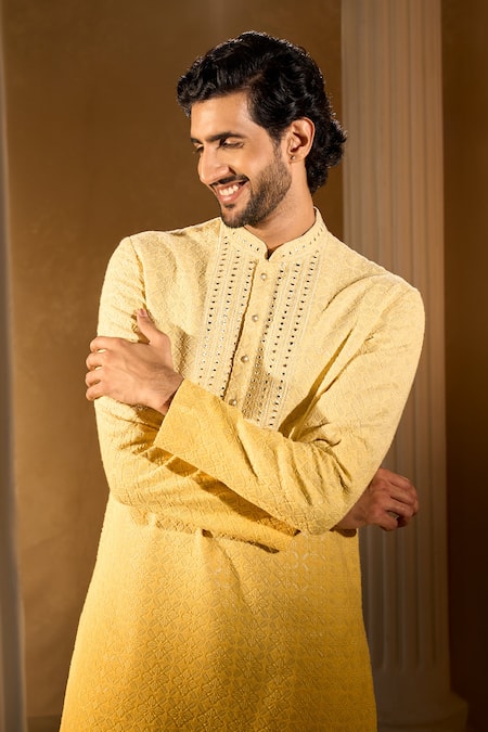 Shop Aariyana Couture Yellow Silk, Cotton Embroidery Kurta Set Shop_Aariyana Couture_Yellow Silk, Cotton Embroidery Kurta Set
