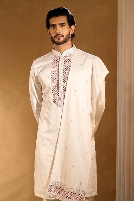 Aariyana Couture_Off White Silk, Cotton Embroidery Kurta Pant Set _at_Aza_Fashions