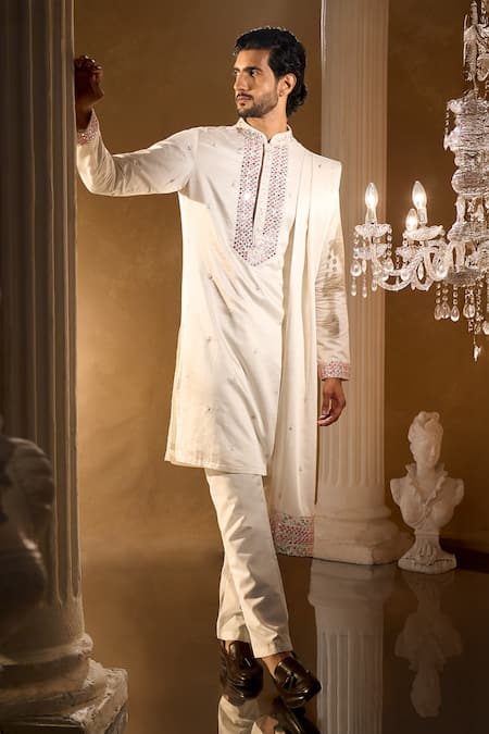 Buy_Aariyana Couture_Off White Silk, Cotton Embroidery Kurta Pant Set 