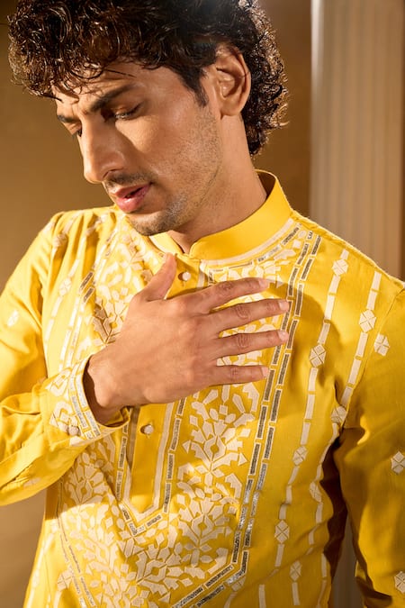 Aariyana Couture Yellow Silk, Cotton Embroidery Kurta Set at Aza Fashions Aariyana Couture_Yellow Silk, Cotton Embroidery Kurta Set _at_Aza_Fashions