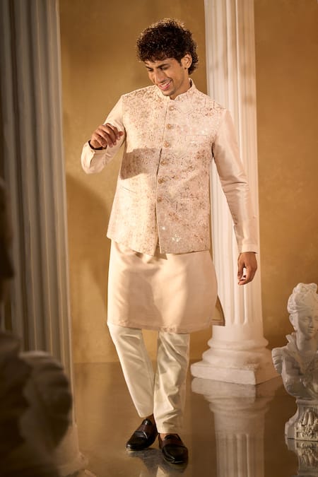 Shop Aariyana Couture Beige Silk Sequins, Embroidery Bundi And Kurta Set Online at Aza Fashions Shop_Aariyana Couture_Beige Silk Sequins, Embroidery Bundi And Kurta Set _Online_at_Aza_Fashions