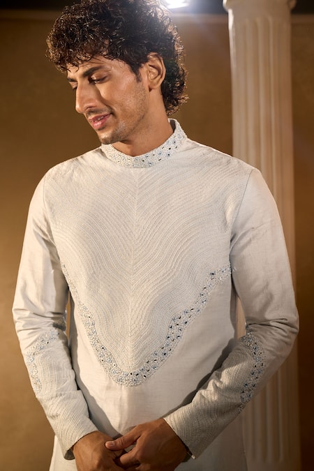 Buy_Aariyana Couture_Sky Blue Silk, Cotton Embroidery Light Kurta And Pant Set _Online_at_Aza_Fashions