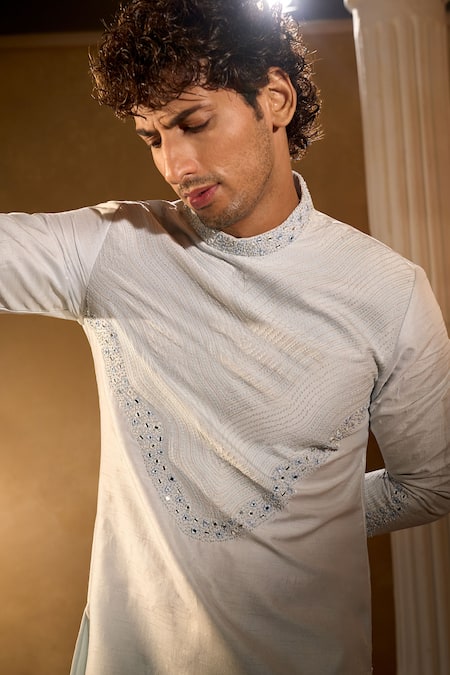 Aariyana Couture_Sky Blue Silk, Cotton Embroidery Light Kurta And Pant Set _at_Aza_Fashions