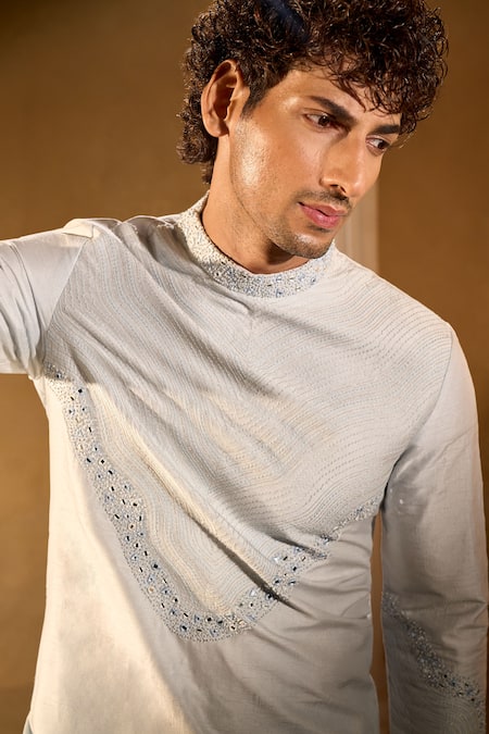 Buy_Aariyana Couture_Sky Blue Silk, Cotton Embroidery Light Kurta And Pant Set 