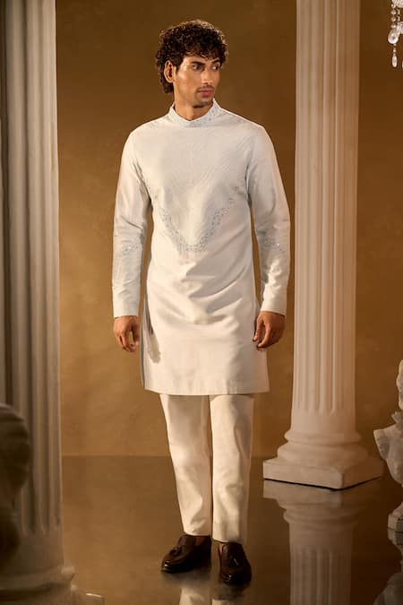 Shop_Aariyana Couture_Sky Blue Silk, Cotton Embroidery Light Kurta And Pant Set 