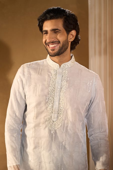 Shop Aariyana Couture Off White Organza Sequins, Embroidery Ice Blue Kurta Set Shop_Aariyana Couture_Off White Organza Sequins, Embroidery Ice Blue Kurta Set