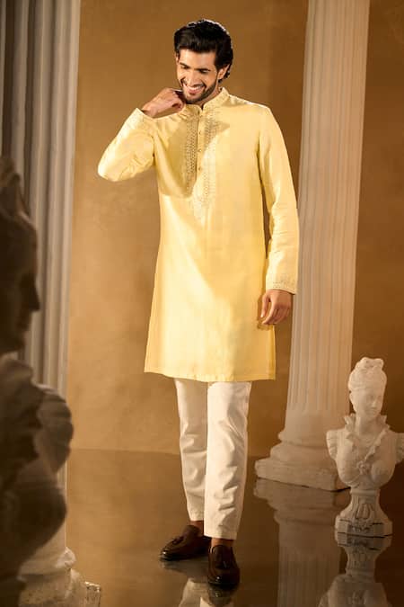 Shop Aariyana Couture Yellow Cotton, Silk Embroidery Kurta Set Shop_Aariyana Couture_Yellow Cotton, Silk Embroidery Kurta Set