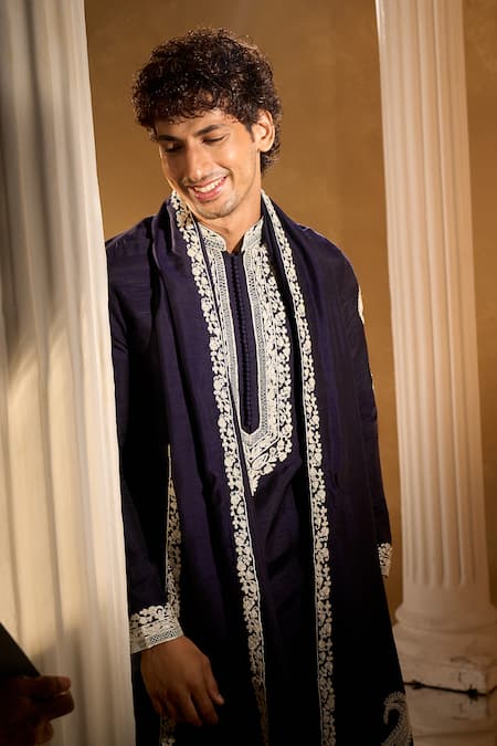 Buy_Aariyana Couture_Blue Silk, Cotton Embroidery Kurta Set With Dupatta _Online_at_Aza_Fashions