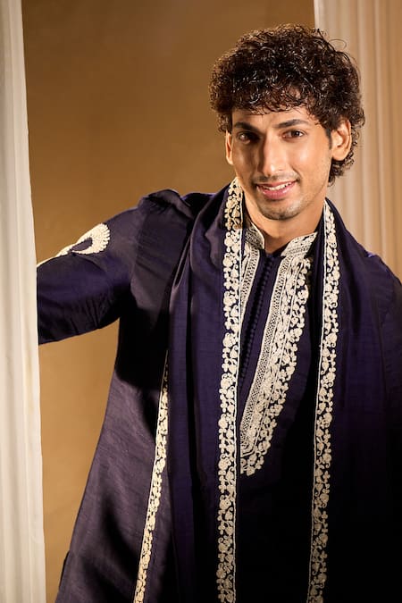 Shop_Aariyana Couture_Blue Silk, Cotton Embroidery Kurta Set With Dupatta _Online_at_Aza_Fashions