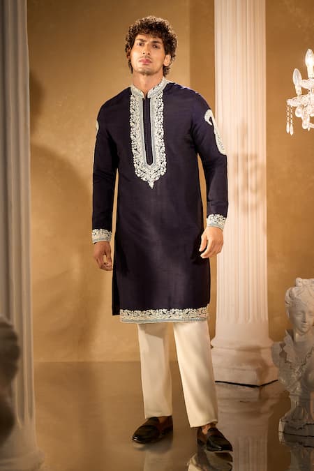 Aariyana Couture_Blue Silk, Cotton Embroidery Kurta Set With Dupatta _at_Aza_Fashions