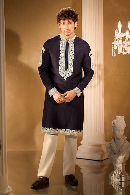 Buy_Aariyana Couture_Blue Silk, Cotton Embroidery Kurta Set With Dupatta 