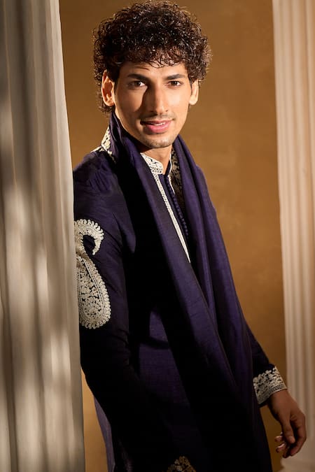 Shop_Aariyana Couture_Blue Silk, Cotton Embroidery Kurta Set With Dupatta 