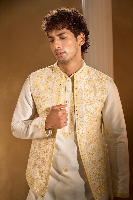 Shop_Aariyana Couture_Cream Silk, Cotton Embroidery Bundi And Kurta Set _Online_at_Aza_Fashions