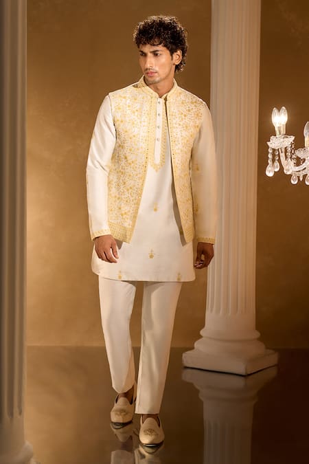 Buy_Aariyana Couture_Cream Silk, Cotton Embroidery Bundi And Kurta Set 