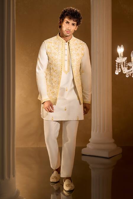 Shop_Aariyana Couture_Cream Silk, Cotton Embroidery Bundi And Kurta Set 