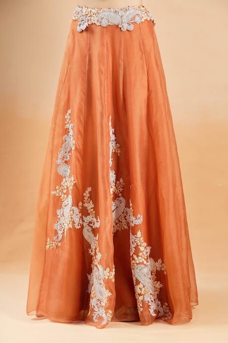 Buy_Prisho_Orange Embroidery, Sequins, Beads Round Neck, Paisley Border Cape Skirt Set _Online_at_Aza_Fashions