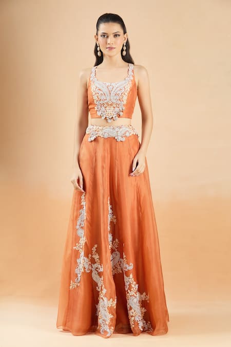Shop_Prisho_Orange Embroidery, Sequins, Beads Round Neck, Paisley Border Cape Skirt Set _Online_at_Aza_Fashions