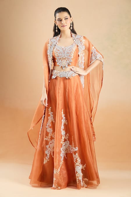Prisho_Orange Embroidery, Sequins, Beads Round Neck, Paisley Border Cape Skirt Set _at_Aza_Fashions