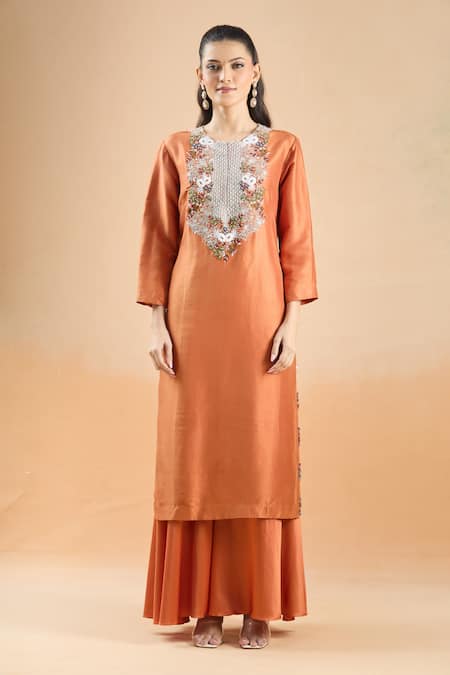 Buy_Prisho_Orange Embroidery Round Neck Resham Kurta Palazzo Set _Online_at_Aza_Fashions