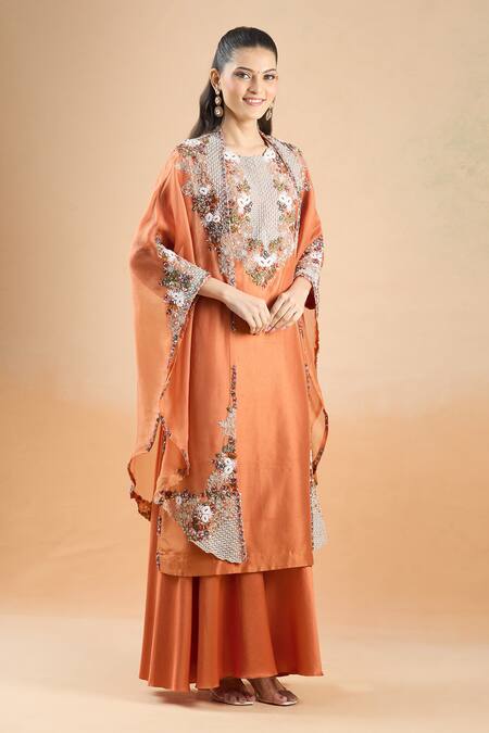 Shop_Prisho_Orange Embroidery Round Neck Resham Kurta Palazzo Set _Online_at_Aza_Fashions