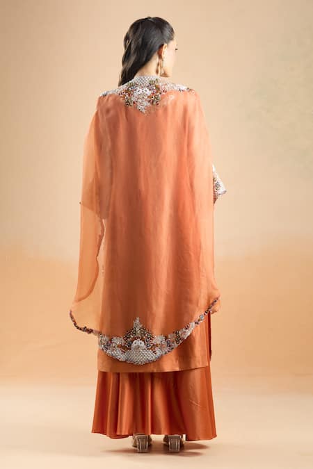 Prisho_Orange Embroidery Round Neck Resham Kurta Palazzo Set _Online_at_Aza_Fashions