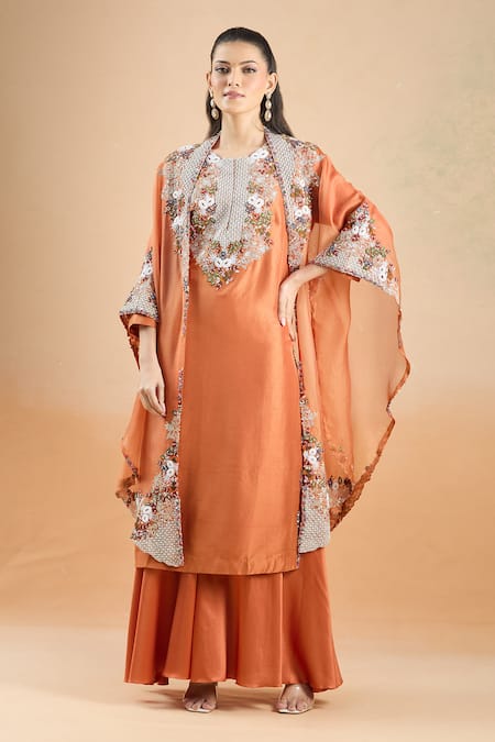 Prisho_Orange Embroidery Round Neck Resham Kurta Palazzo Set _at_Aza_Fashions