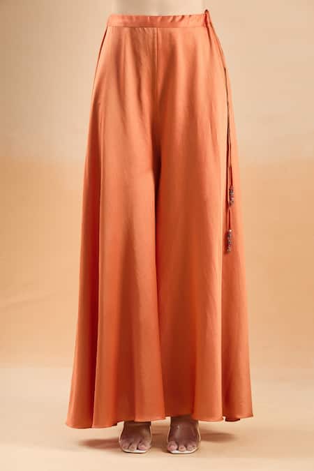 Buy_Prisho_Orange Embroidery Round Neck Resham Kurta Palazzo Set 