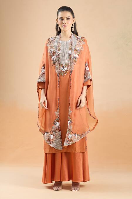 Shop_Prisho_Orange Embroidery Round Neck Resham Kurta Palazzo Set 