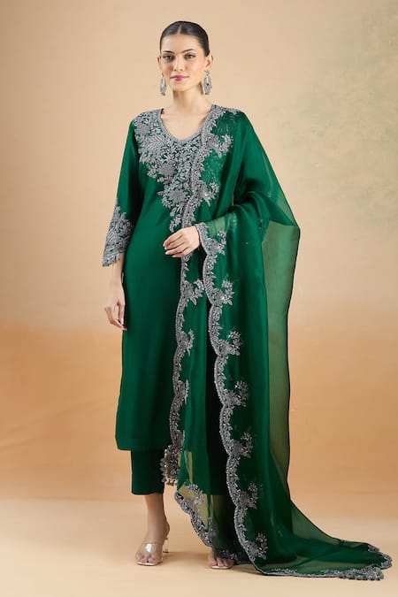 Buy_Prisho_Emerald Green Chiffon Embroidery, Zari V-neck Zardozi Yoke Kurta Set 