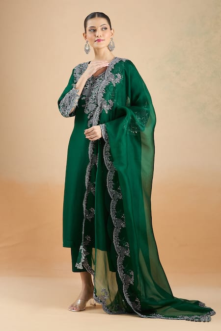 Shop_Prisho_Emerald Green Chiffon Embroidery, Zari V-neck Zardozi Yoke Kurta Set 